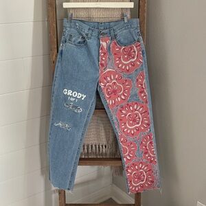 Women's Straight Leg Jeans with Pink Floral Design